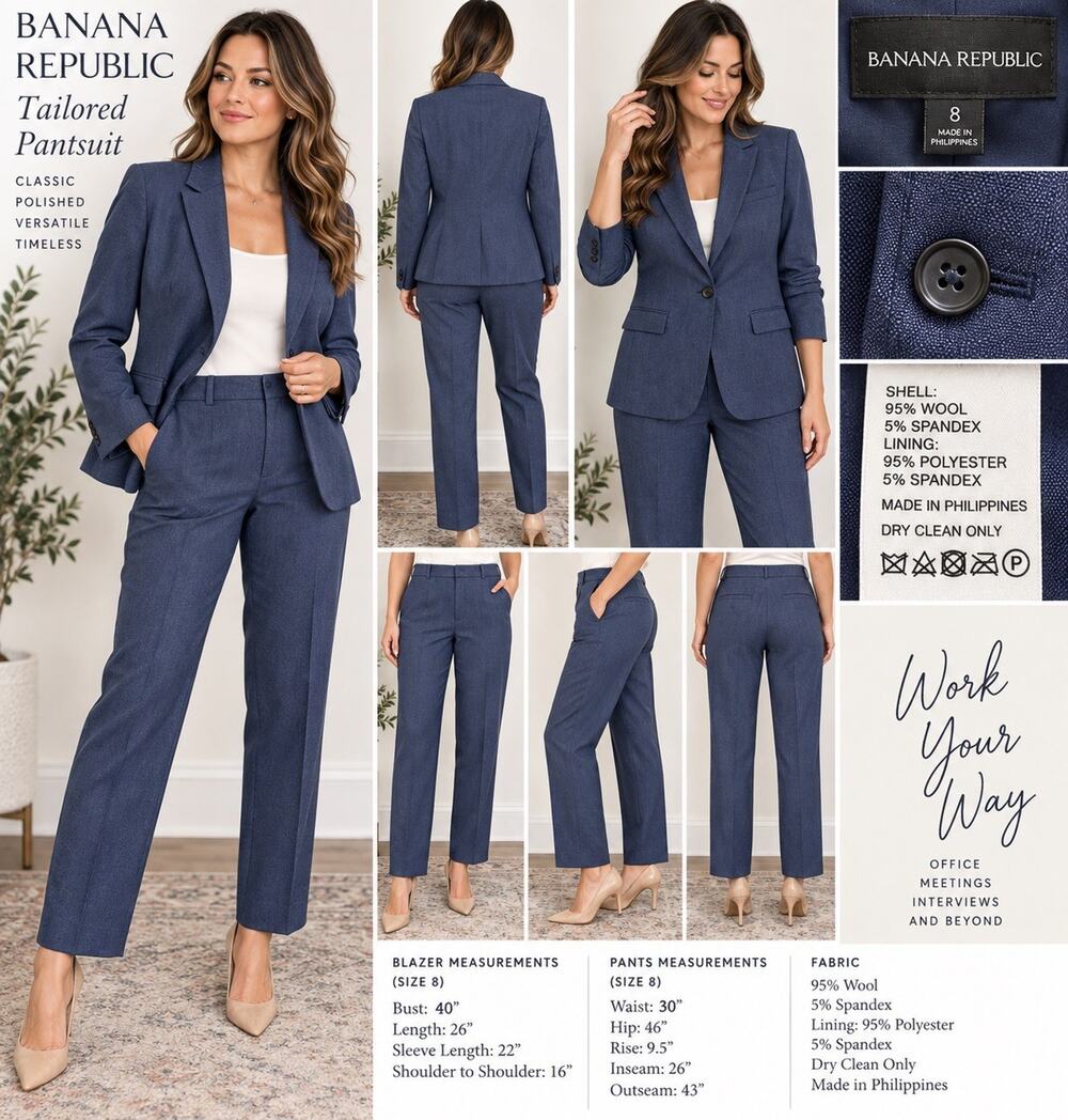 Banana Republic Women’s 8 Wool Blend Pantsuit Blazer Trousers Blue Career Suit